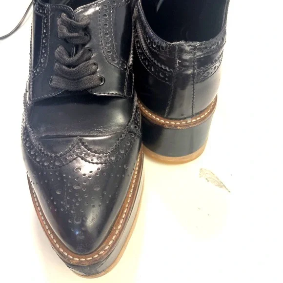 PRADA Wave Sole Black Wingtip Shoes 1E935G Size 36.5 US 6.5 Women 's Platform - Picture 10 of 14
